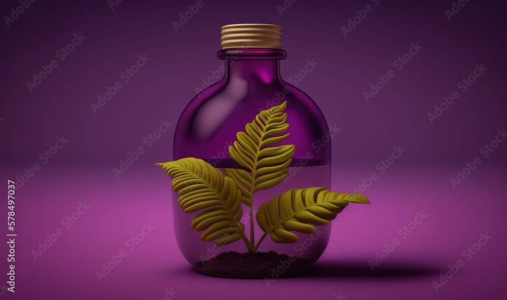Poster a bottle with a plant inside of it on a purple background with a shadow of a plant in the bottom of 