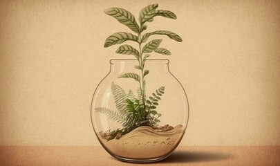  a glass vase with a plant inside of it on a wooden table with a beige background and a brown wall behind it, with a light colored area for text.  generative ai