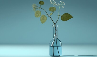  a glass vase with a plant in it on a blue surface with a shadow of the vase on the floor and a light blue wall behind it.  generative ai
