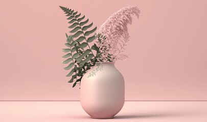  a vase with a plant inside of it on a pink surface with a pink wall in the background and a plant in the middle of the vase.  generative ai