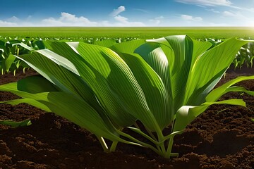 Obraz premium Cultivated Corn Field, Earth Day Concept, Plant In The Ground, Green World. Generative AI