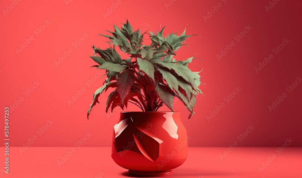 Poster a plant in a red vase on a red surface with a red background and a red background behind it is a red