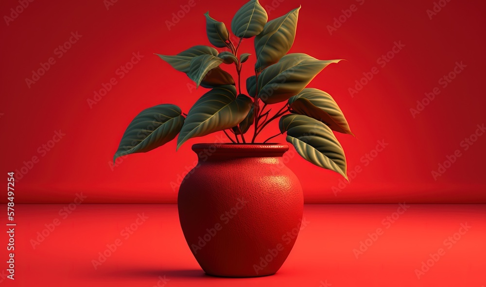 Poster a red vase with a plant in it on a red surface with a red wall in the back ground and a red wall in 