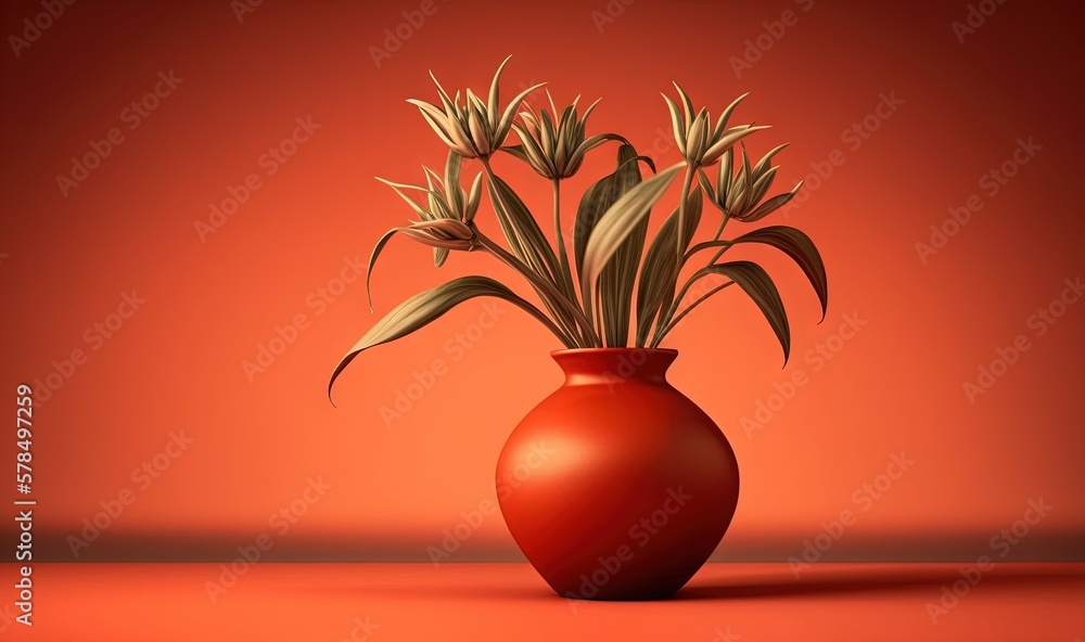 Poster a red vase filled with flowers on a red tablecloth covered floor with a red background and a red wal