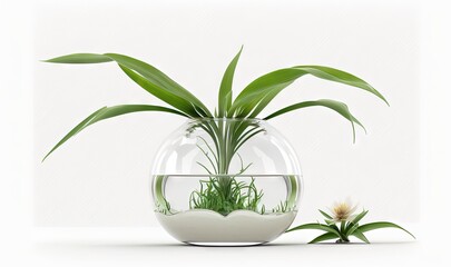  a plant in a glass vase with water and grass in it on a white background with a white background and a white background with a white border.  generative ai
