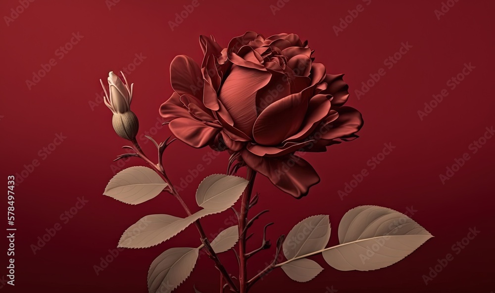 Poster a single red rose with leaves on a red background with a red background and a red background with a 