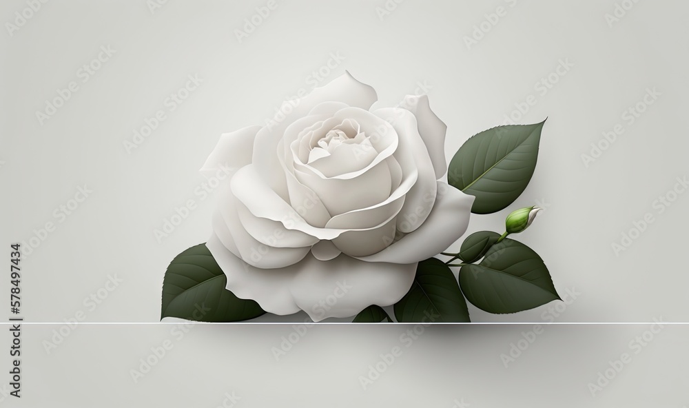 Poster a white rose with green leaves on a gray background with a white stripe in the middle of the frame a