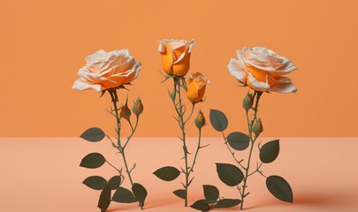  three white and orange roses on a pink surface with a peach background and a few green leaves on the stems of the stems, and the stems.  generative ai