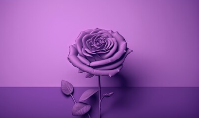  a single purple rose on a purple background with a leaf on the end of the stem and a single purple rose on the end of the stem.  generative ai