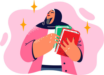 Woman teacher in arabic headdress holding two books for teaching university or college students