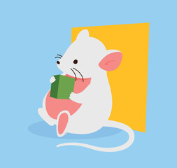 Mouse with green book. Education and training, love of literature and useful hobby. Charming rodent sits and reads. White animal and mammal. Cartoon flat vector illustration