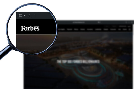 Los Angeles, California, USA - 6 Martha 2023: Forbes Top 100 website homepage. Forbes logo visible on display screen.