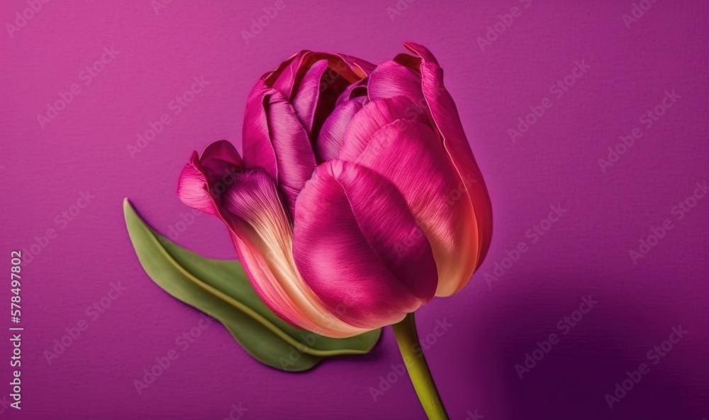 Poster a single pink tulip on a purple background with a green stem in the center of the picture and a gree