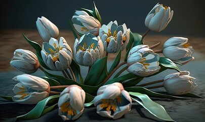  a bunch of white tulips with green leaves on a black surface with a black background and a gray wall in the back ground.  generative ai