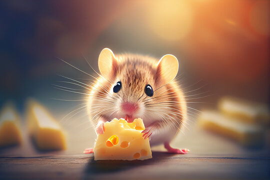Small cute mouse eating piece of cheese. Generative Ai