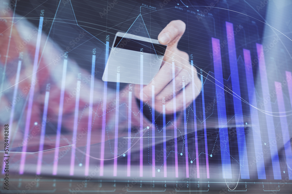 Poster double exposure of man hands holding a credit card and forex graph drawing. stock trading and digita