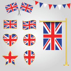 Vector collection of United kingdom flag emblems and icons in different shapes vector illustration of UK