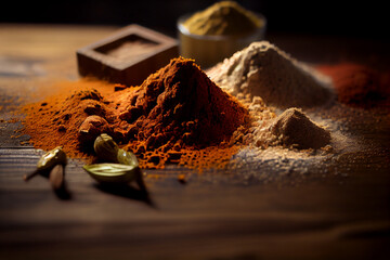 All spices, colorful food background. World spices mix. Generative Ai