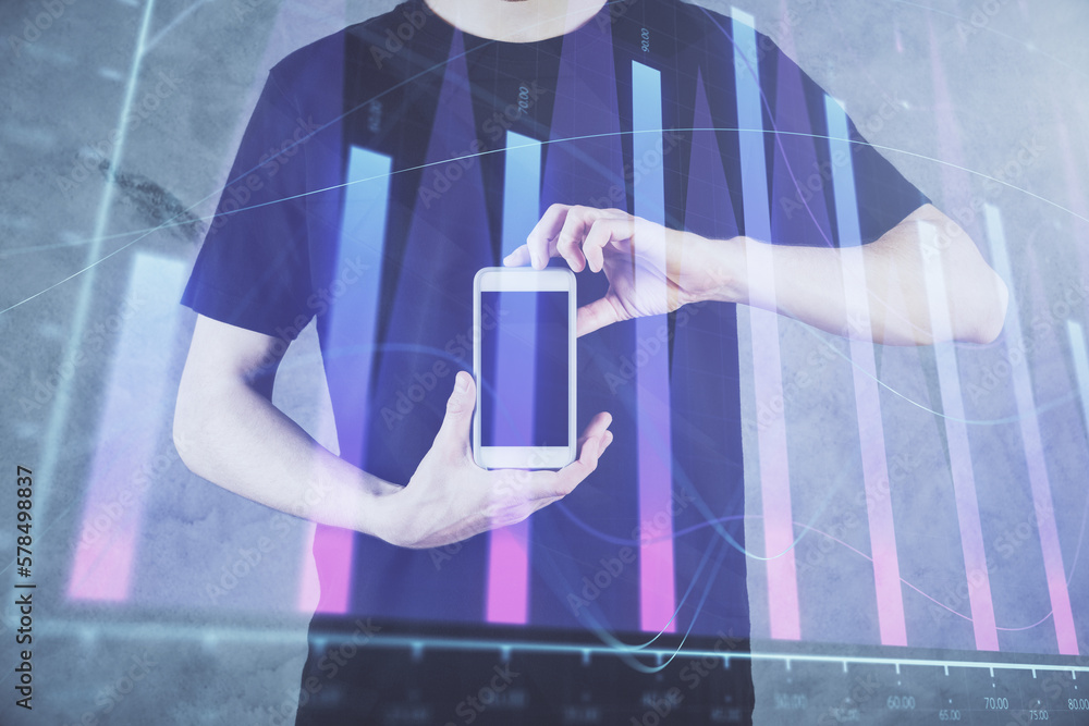 Poster double exposure of man's hands holding and using a digital device and forex graph drawing. financial