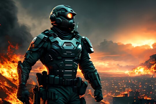 Futuristic Soldier With Mask, Burning Night City Background, Apocalyptic Battlefield. Generative AI