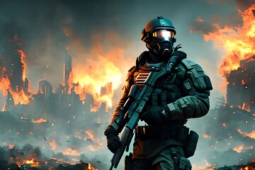 Futuristic Soldier With Mask, Burning Night City Background, Apocalyptic Battlefield. Generative AI