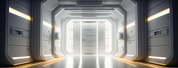 Space station scifi style corridor or hallway, leading to a door. White clean illuminated walls, ultra modern sci-fi design. Generative AI.  - obrazy, fototapety, plakaty