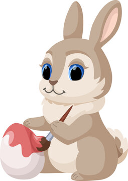 Cute Easter Bunny painting Easter egg. Vector cartoon illustration of a rabbit for Easter cards, posters, banners and other design. Isolated on white background