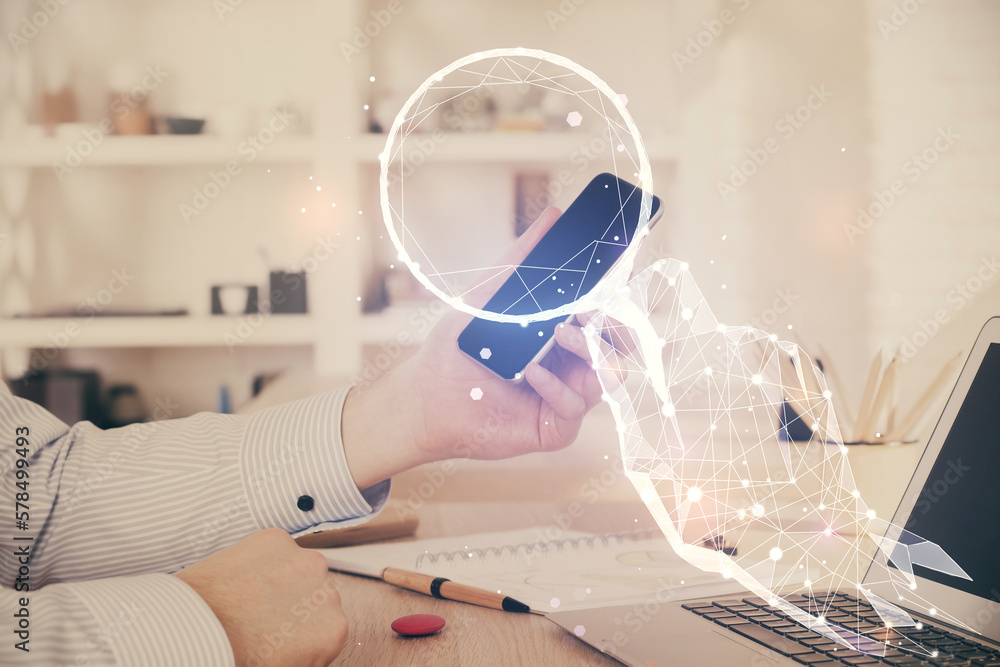 Poster double exposure of man's hands holding and using a mobile device and creative hologram drawing.