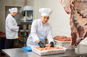 Young female butcher stirs minced meat in container