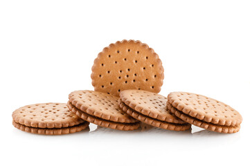 Double chocolate chip cookie. Tasty chocolate sandwich cookies with choco cream, isolated on white background. Close-up