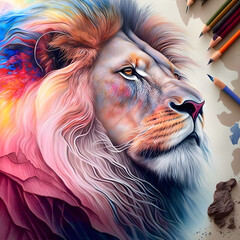 Lion illustrated with multicolored pencils on white papre