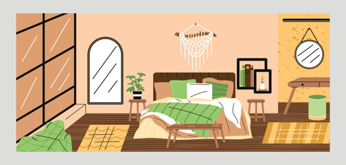 Stylish home interior. Beautiful bedroom with Scandinavian style furniture. Stylish apartment room with bed, dressing table and carpet. Cartoon flat vector illustration isolated on gray background