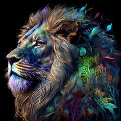 Portrait of a lion in the night made out of trees, ferns and plants nature