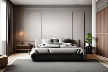Japandi Style Bedroom Interior Design. Elegant Scandinavian Hotel Apartment. Generative AI