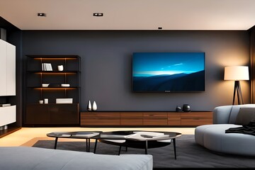 Living Room With Big Tv Screen Interior Design. Generative AI