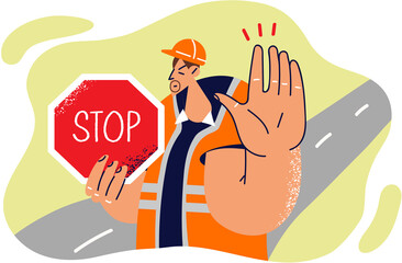 Man in builder uniform shows stop sign and makes caution gesture to warn drivers about road repairs