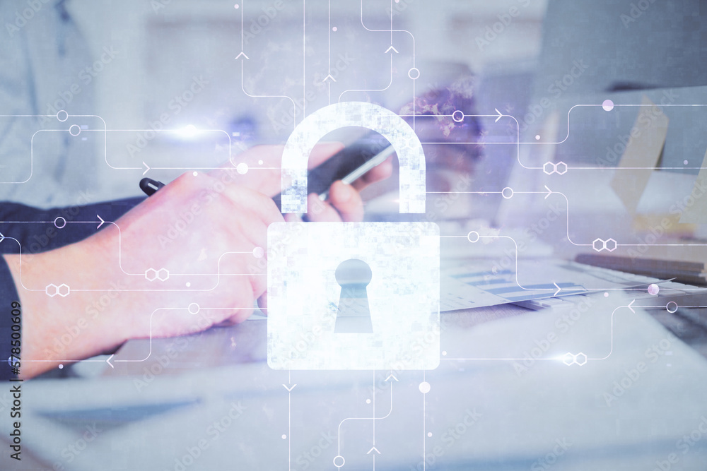 Aufkleber multi exposure of man's hands holding and using a digital device and lock drawing. security concept.