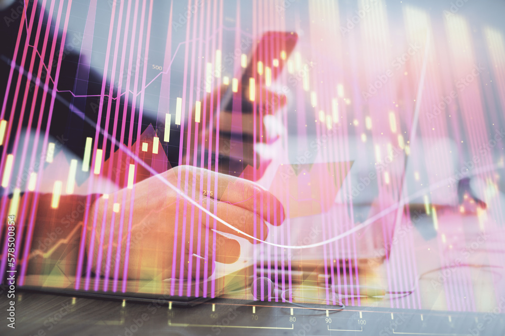 Poster double exposure of man's hands holding and using a phone and financial graph drawing. analysis conce