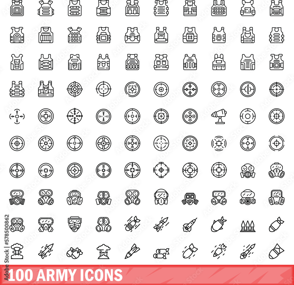 Poster 100 army icons set. outline illustration of 100 army icons vector set isolated on white background