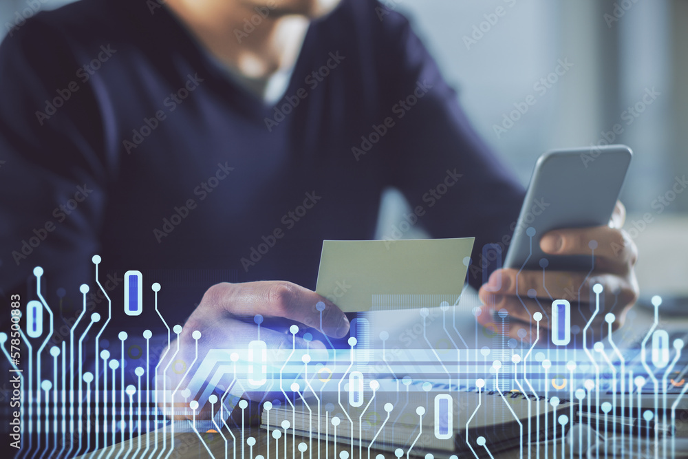 Aufkleber Multi exposure of man's hands holding and using a digital device and data theme drawing. Innovation concept.