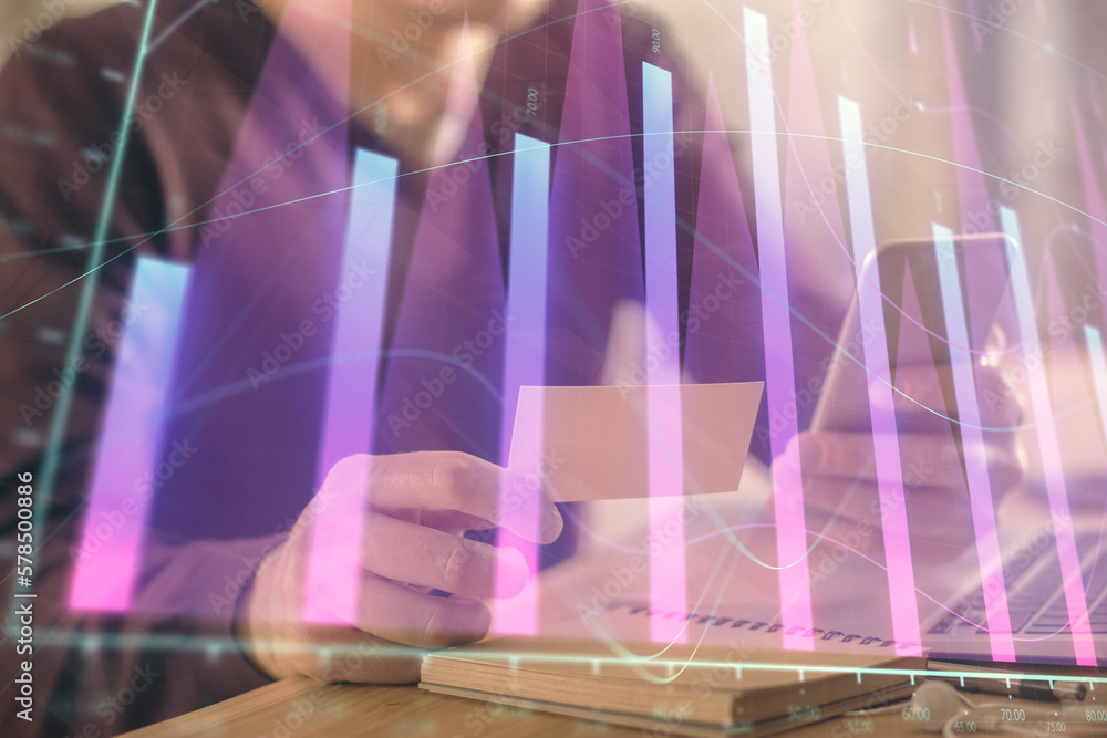 Poster Double exposure of man's hands holding and using a phone and financial graph drawing. Analysis concept.