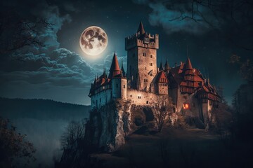 Dracula Castle in the Night. Generative AI