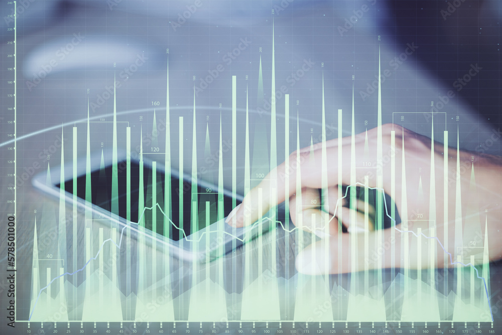 Poster double exposure of forex chart sketch hologram and woman holding and using a mobile device. financia
