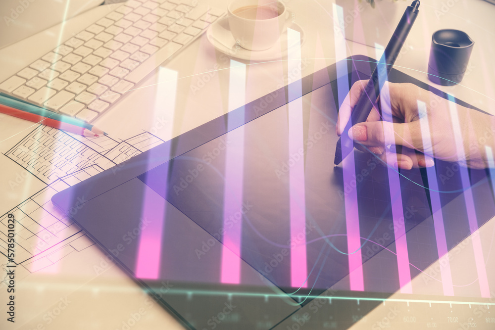 Poster double exposure of financial graph sketch hologram and woman holding and using a mobile device. stoc