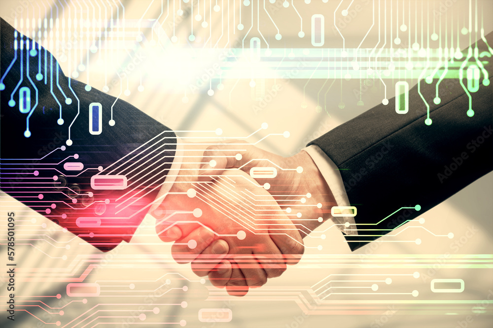 Poster double exposure of data theme hologram and handshake of two men. partnership in it industry concept.
