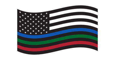 Military us flag. Black and white US Flag with blue, green, red line.