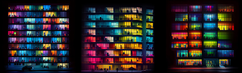 Night colorful windows lights of apartment building in city. AI generative.