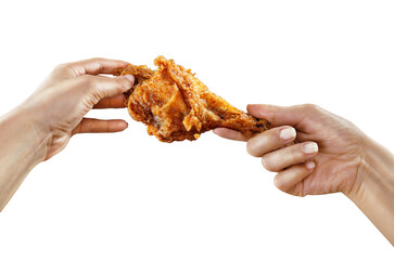Fast food and diet. Hands hold the chicken on transparent background.