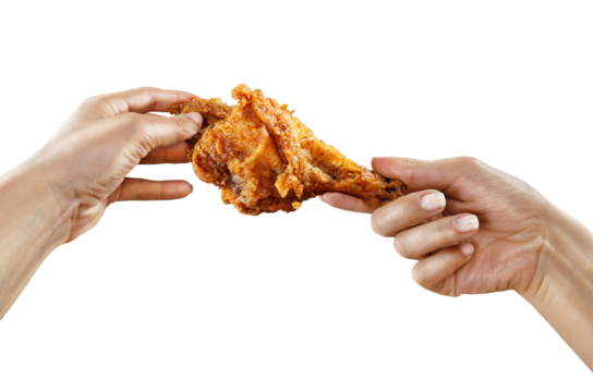 Fast food and diet. Hands hold the chicken on transparent background.