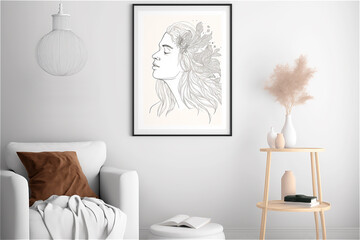 Interior poster mockup with a boho style vertical frame on wall in modern interior. Generative AI.